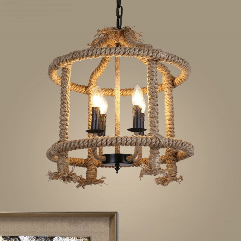 Lodge-Style Brown Pendant Lamp with 4 Rope Cage Shades - Stylish Hanging Light Fixture Perfect for Restaurants