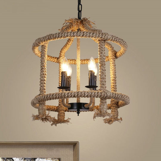 Lodge-Style Brown Pendant Lamp with 4 Rope Cage Shades - Stylish Hanging Light Fixture Perfect for Restaurants