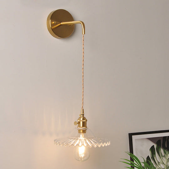 Industrial Brass Wall Mounted Lamp: Scalloped Clear/Opal Glass Bedroom Sconce Light with Single Bulb