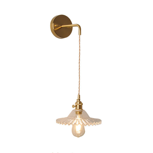 Industrial Brass Wall Mounted Lamp: Scalloped Clear/Opal Glass Bedroom Sconce Light with Single Bulb