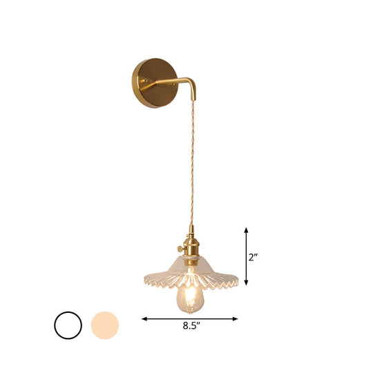 Industrial Brass Wall Mounted Lamp: Scalloped Clear/Opal Glass Bedroom Sconce Light with Single Bulb