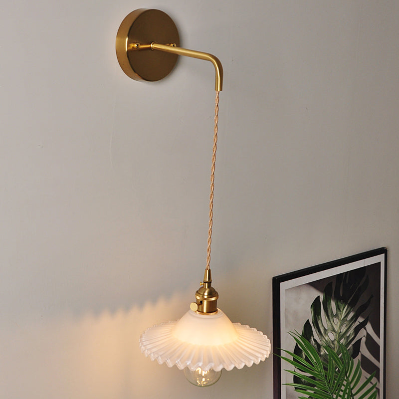 Industrial Brass Wall Mounted Lamp: Scalloped Clear/Opal Glass Bedroom Sconce Light with Single Bulb