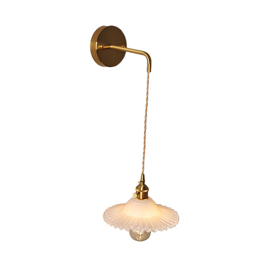 Industrial Brass Wall Mounted Lamp: Scalloped Clear/Opal Glass Bedroom Sconce Light with Single Bulb