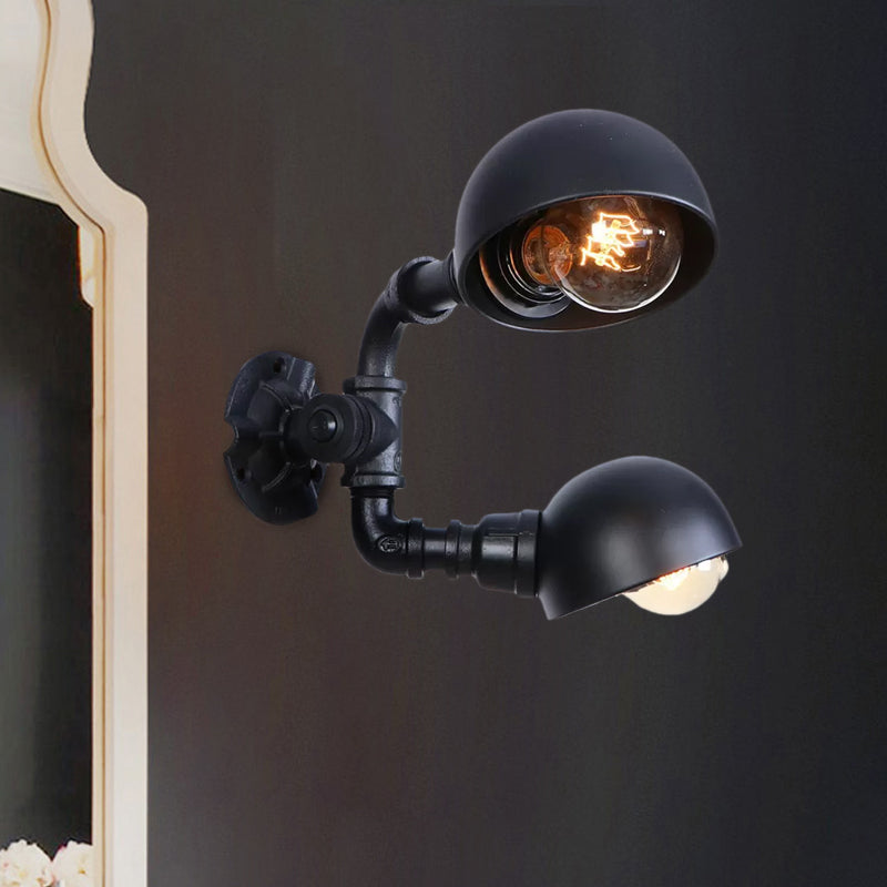 Industrial Style Black Wall Sconce Lamp with 2 Bulbs and Metallic Domed Design for Corridor