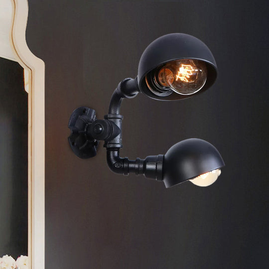 Industrial Style Black Wall Sconce Lamp with 2 Bulbs and Metallic Domed Design for Corridor