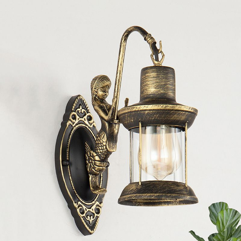 Clear Glass Bronze Sconce Light Lantern 1-Light Industrial Wall Lamp with Mermaid Decor