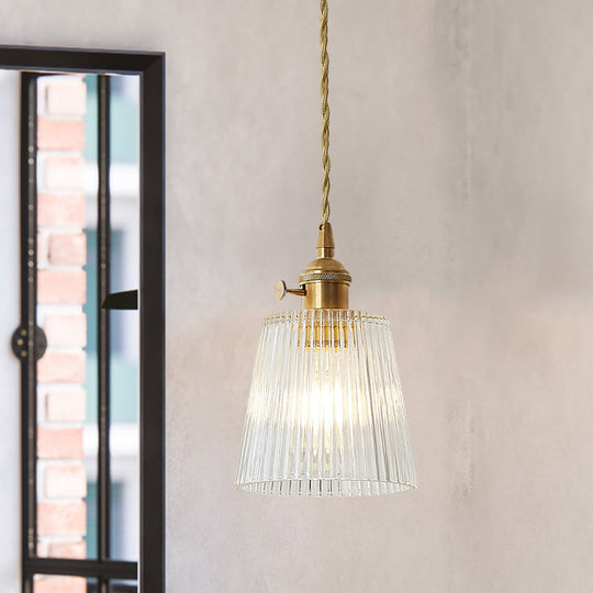 Modern Cone Hanging Ceiling Light - 1 Light Ribbed Glass Pendant in Brass
