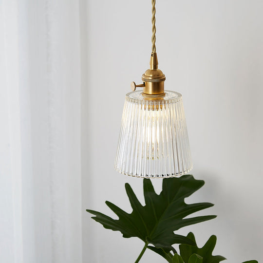 Modern Cone Hanging Ceiling Light - 1 Light Ribbed Glass Pendant in Brass