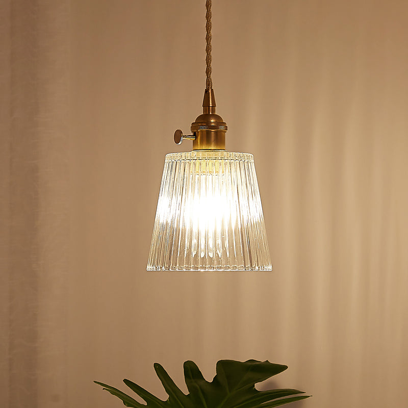 Modern Cone Hanging Ceiling Light - 1 Light Ribbed Glass Pendant in Brass
