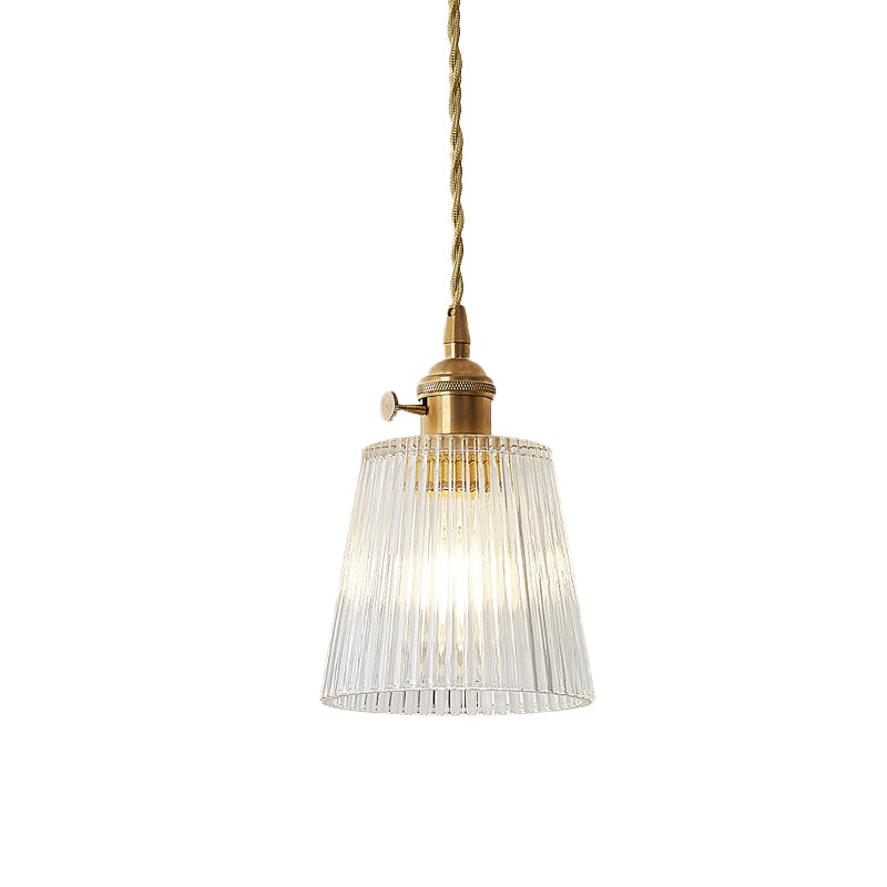 Modern Cone Hanging Ceiling Light - 1 Light Ribbed Glass Pendant in Brass