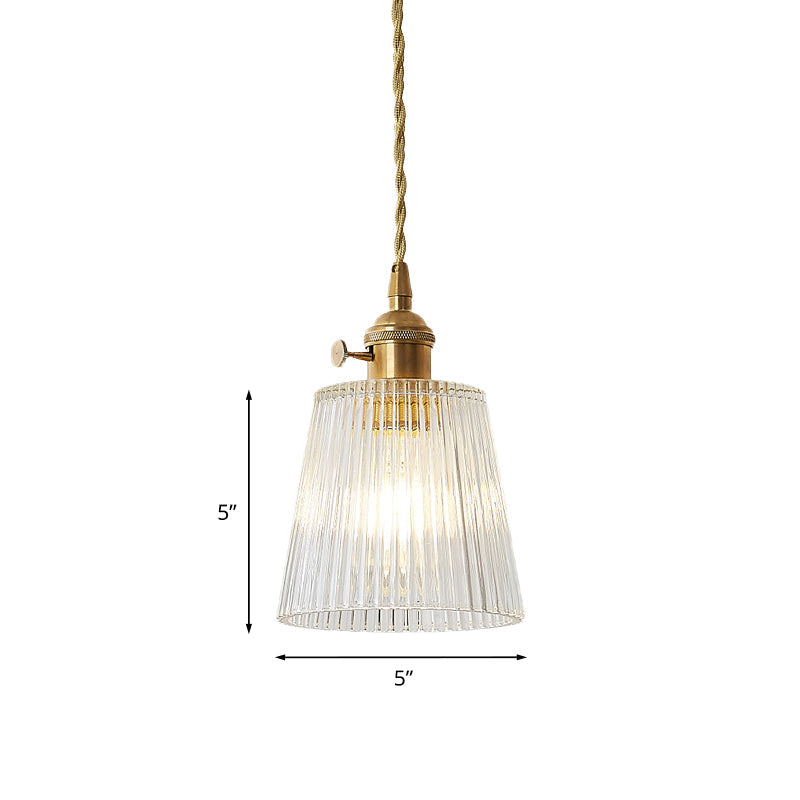 Modern Cone Hanging Ceiling Light - 1 Light Ribbed Glass Pendant in Brass