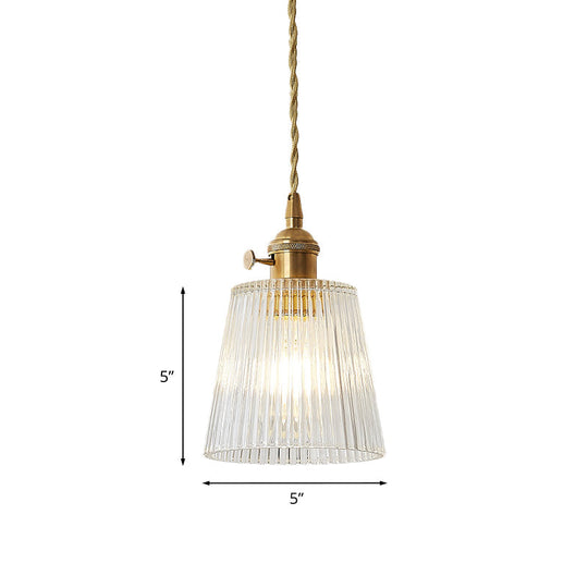 Modern Cone Hanging Ceiling Light - 1 Light Ribbed Glass Pendant in Brass
