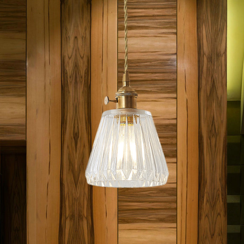 Modern Cone Hanging Ceiling Light - 1 Light Ribbed Glass Pendant in Brass