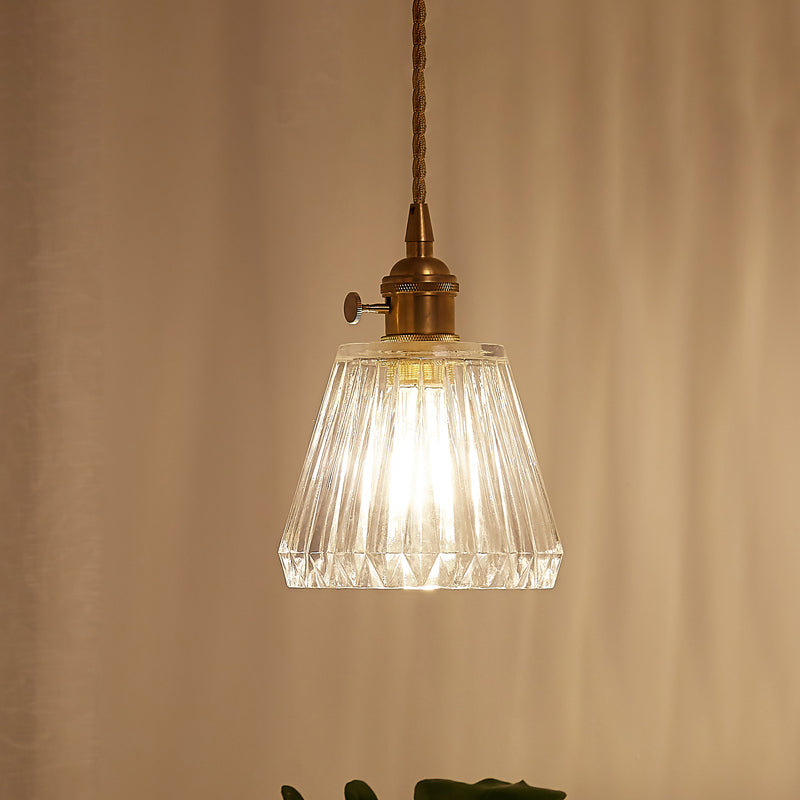 Modern Cone Hanging Ceiling Light - 1 Light Ribbed Glass Pendant in Brass