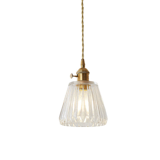 Modern Cone Hanging Ceiling Light - 1 Light Ribbed Glass Pendant in Brass