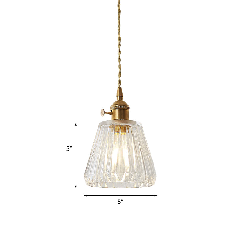 Modern Cone Hanging Ceiling Light - 1 Light Ribbed Glass Pendant in Brass