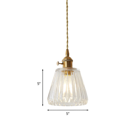 Modern Cone Hanging Ceiling Light - 1 Light Ribbed Glass Pendant in Brass