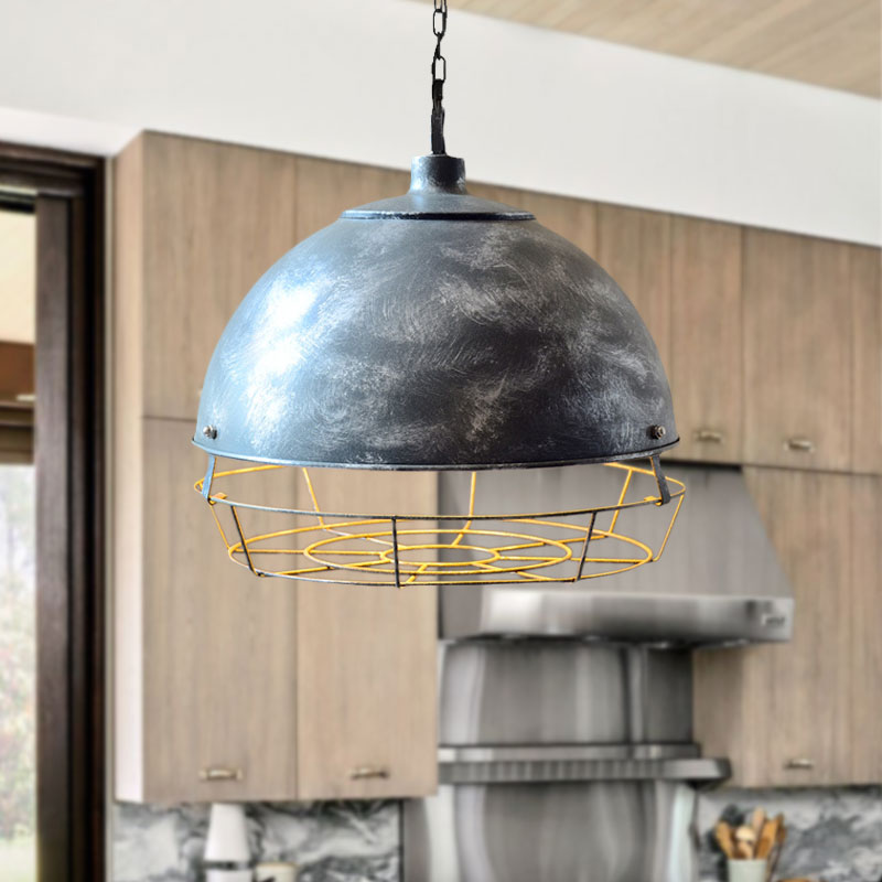Vintage Dome Pendant Lamp - 1 Head Iron Hanging Light Fixture in Black/Silver for Dining Room