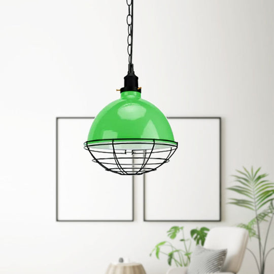 Retro Industrial Metal Pendant Light - Bowl Shade, 1 Bulb - Black/White/Red - Indoor Ceiling Light with Wire Guard and Chain