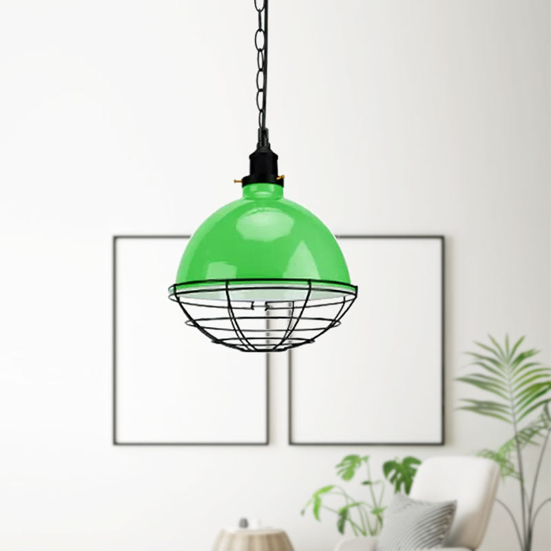 Retro Industrial Metal Pendant Light - Bowl Shade, 1 Bulb - Black/White/Red - Indoor Ceiling Light with Wire Guard and Chain