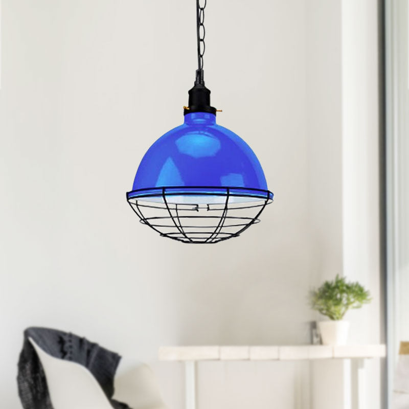 Retro Industrial Metal Pendant Light - Bowl Shade, 1 Bulb - Black/White/Red - Indoor Ceiling Light with Wire Guard and Chain