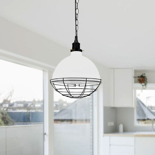 Retro Industrial Metal Pendant Light - Bowl Shade, 1 Bulb - Black/White/Red - Indoor Ceiling Light with Wire Guard and Chain