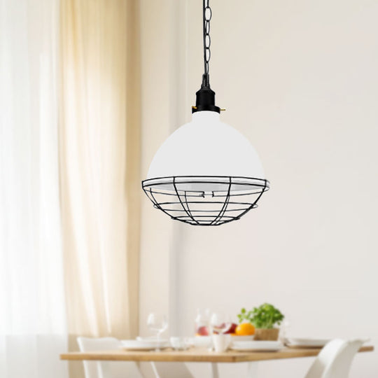 Retro Industrial Metal Pendant Light - Bowl Shade, 1 Bulb - Black/White/Red - Indoor Ceiling Light with Wire Guard and Chain