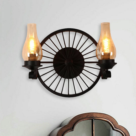 Rustic Outdoor Wall Sconce Lighting Fixture: Clear Glass Vase Shade, 2-Bulb Design with Wheel