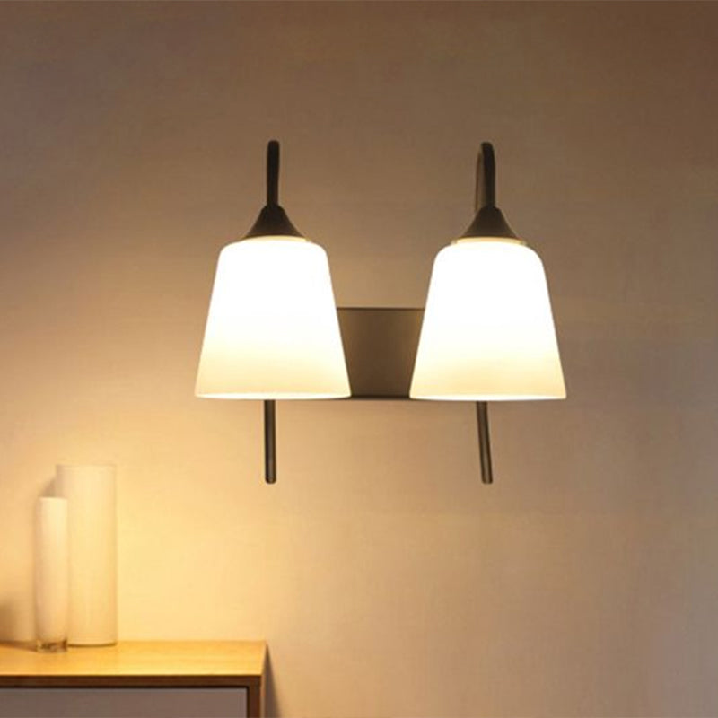 Industrial Black Tapered Wall Lamp with Frosted Glass Sconce - 2-Bulb Light Fixture for Bedroom
