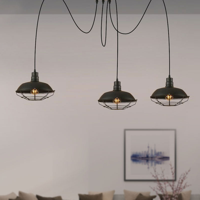 Barn Shade Metal Pendant Light - Industrial Style - 3 Lights - Kitchen Ceiling Fixture - Wire Frame - Swag Design - Black