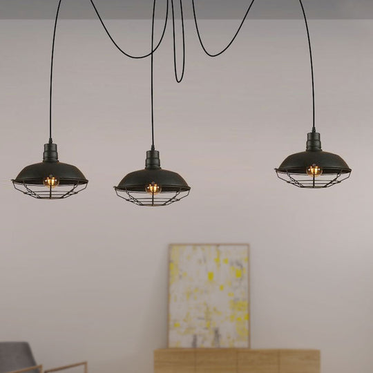 Barn Shade Metal Pendant Light - Industrial Style - 3 Lights - Kitchen Ceiling Fixture - Wire Frame - Swag Design - Black