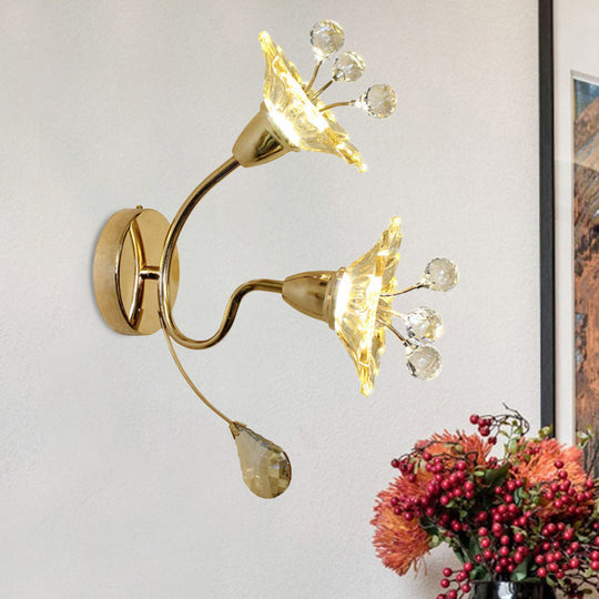 Clear Crystal Glass Gold Wall Lamp with Daisy Shade - Traditional Sconce Light for Bedside with 2 Bulbs