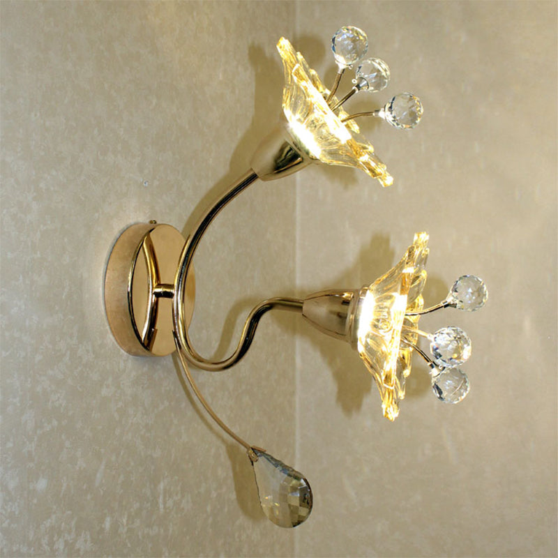 Clear Crystal Glass Gold Wall Lamp with Daisy Shade - Traditional Sconce Light for Bedside with 2 Bulbs