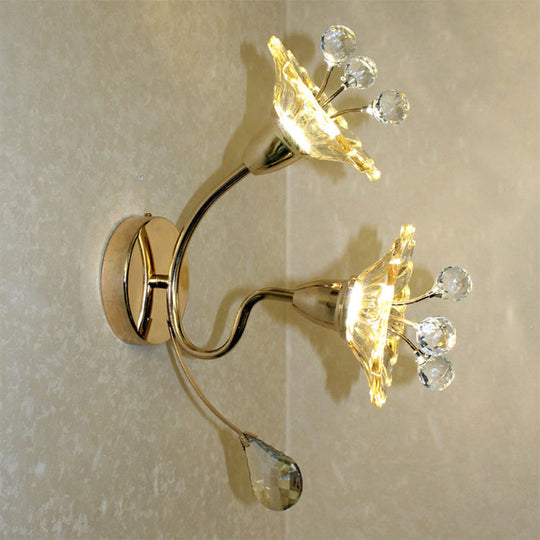 Clear Crystal Glass Gold Wall Lamp with Daisy Shade - Traditional Sconce Light for Bedside with 2 Bulbs