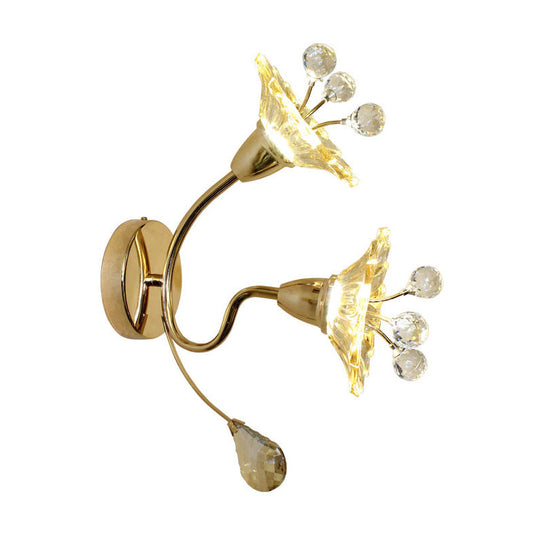 Clear Crystal Glass Gold Wall Lamp with Daisy Shade - Traditional Sconce Light for Bedside with 2 Bulbs