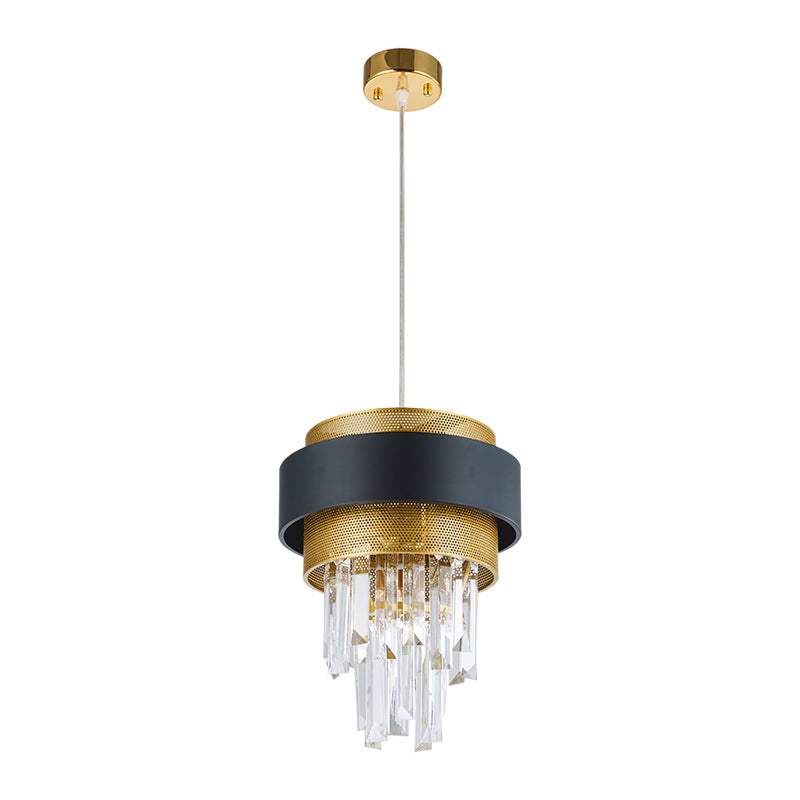 Modern Taper Great Room Down Mini Pendant with Crystal Prisms, Black and Gold Finish - 1 Bulb Suspension Light