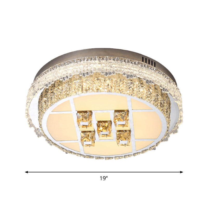 Contemporary LED Bedroom Lighting Fixture - Stainless Steel Flush Mount with Circular Crystal Blocks