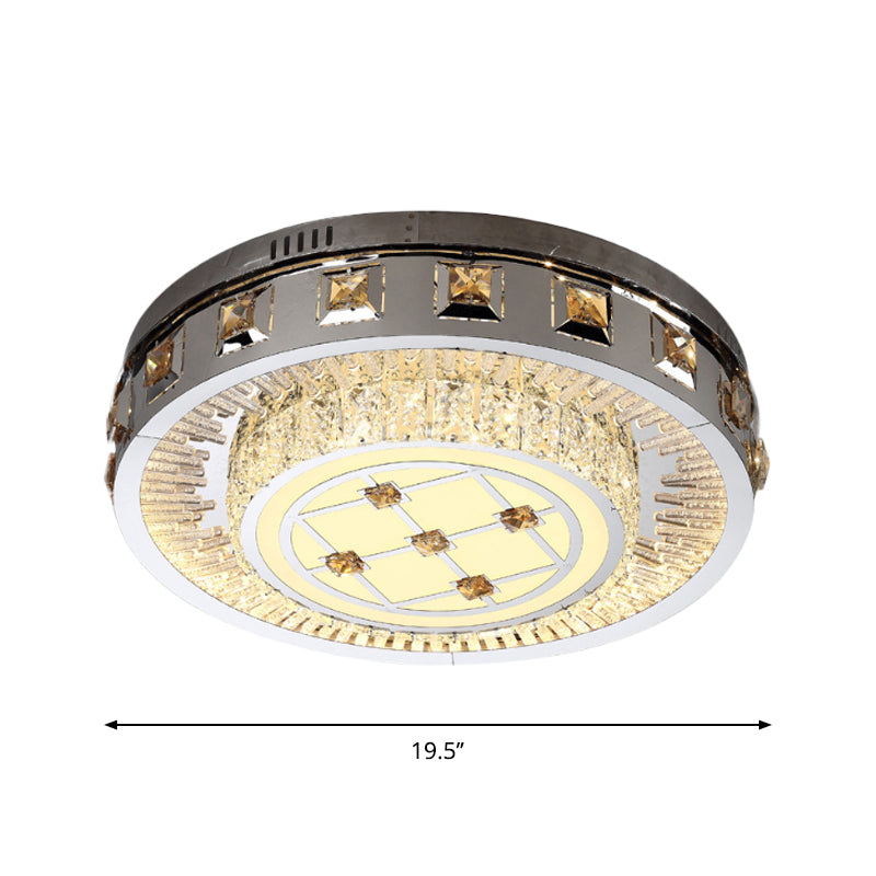 Contemporary LED Bedroom Lighting Fixture - Stainless Steel Flush Mount with Circular Crystal Blocks