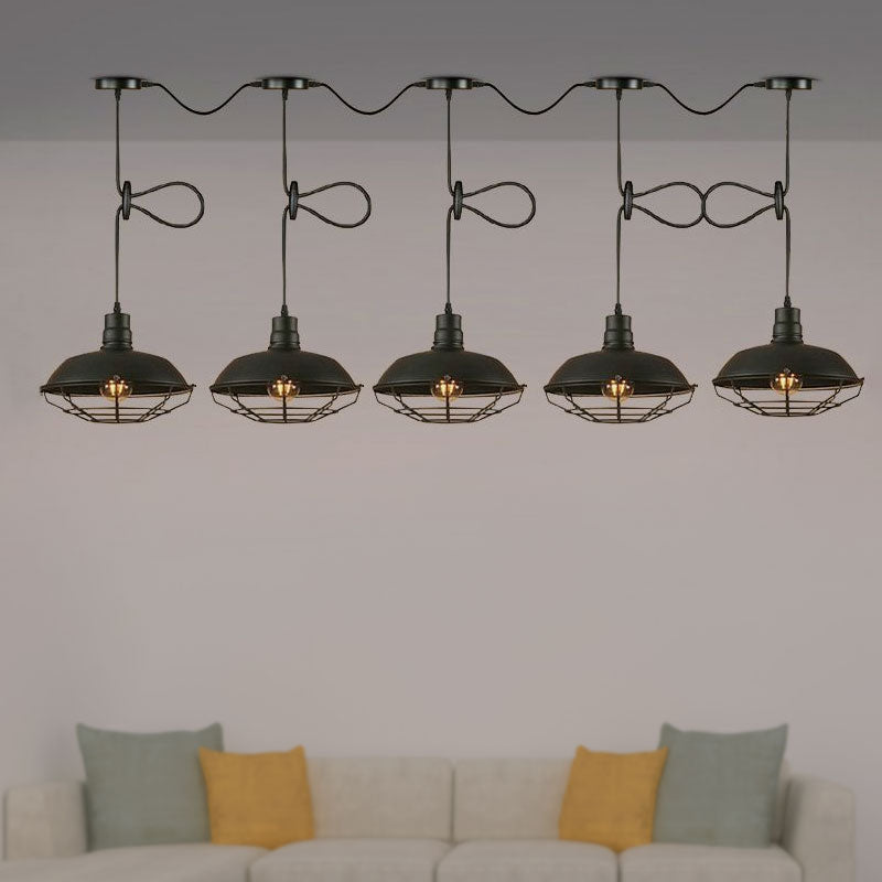 Industrial Barn Metal Pendant Light with Wire Cage - 3/5 Lights in Black Finish for Kitchen