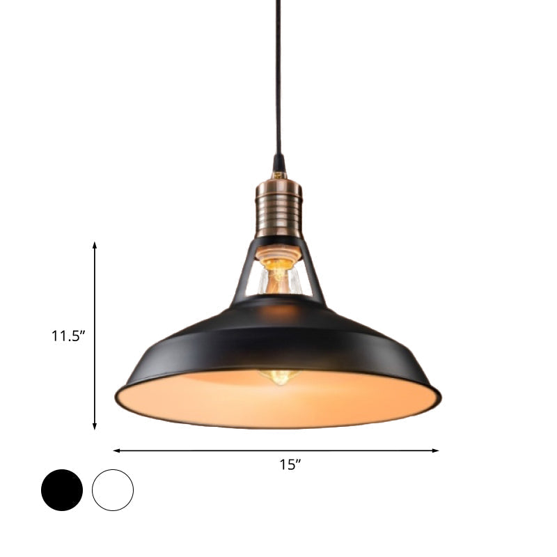 Vintage Barn Pendant Light - Metallic Black/White, 1 Bulb Suspension - 10.5/12/15 Inch Width