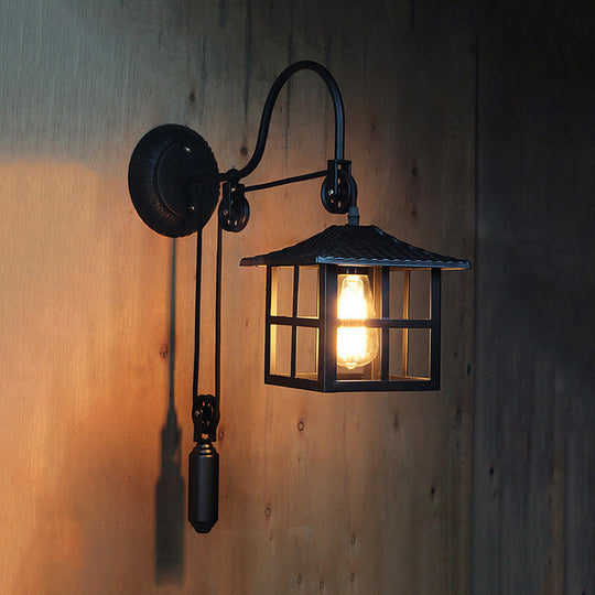 Farmhouse-Style Metal Wall Lamp with Pulley and 1 Light - Square/Rectangle Cage Indoor Décor in Black