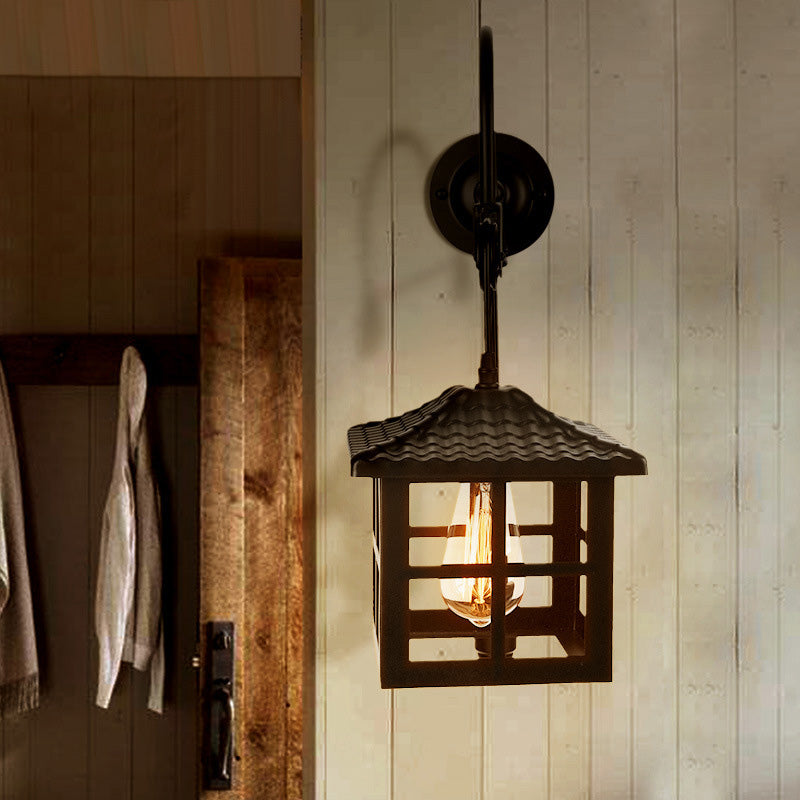 Farmhouse-Style Metal Wall Lamp with Pulley and 1 Light - Square/Rectangle Cage Indoor Décor in Black