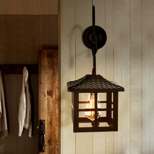 Farmhouse-Style Metal Wall Lamp with Pulley and 1 Light - Square/Rectangle Cage Indoor Décor in Black