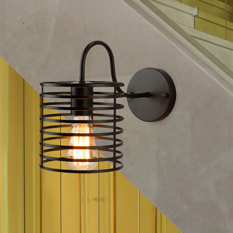 Retro Metal Cylinder Caged Wall Lamp with Gooseneck Arm - Black, 8.5"/9.5" Width