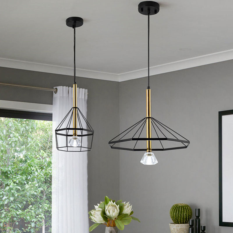 Industrial Style Pendant Lamp with Caged Metal and Clear Crystal Shade, Black Finish