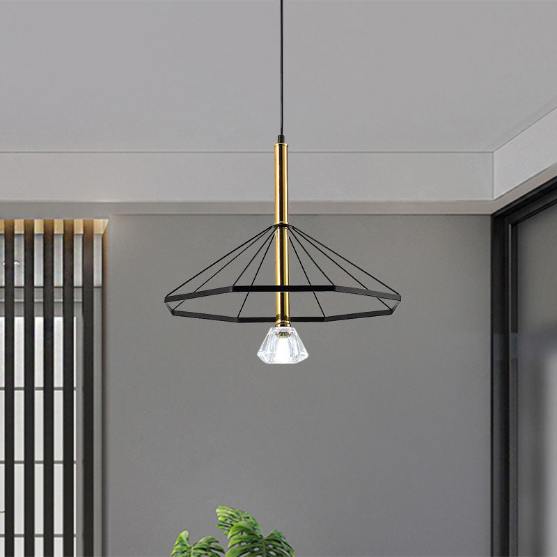 Industrial Style Pendant Lamp with Caged Metal and Clear Crystal Shade, Black Finish