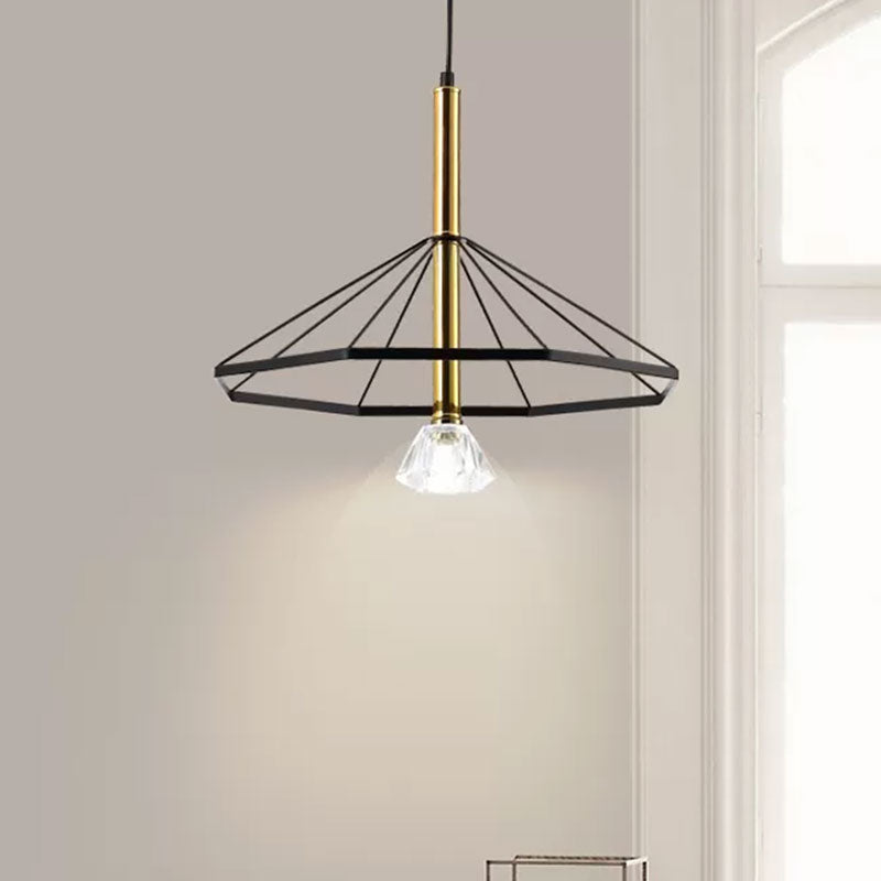 Industrial Style Pendant Lamp with Caged Metal and Clear Crystal Shade, Black Finish