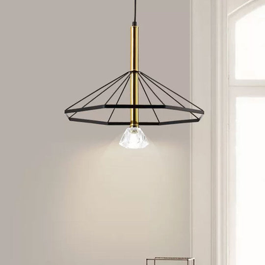 Industrial Style Pendant Lamp with Caged Metal and Clear Crystal Shade, Black Finish