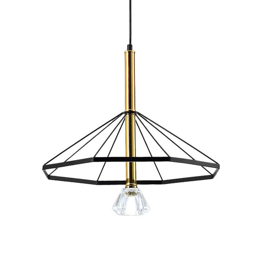 Industrial Style Pendant Lamp with Caged Metal and Clear Crystal Shade, Black Finish