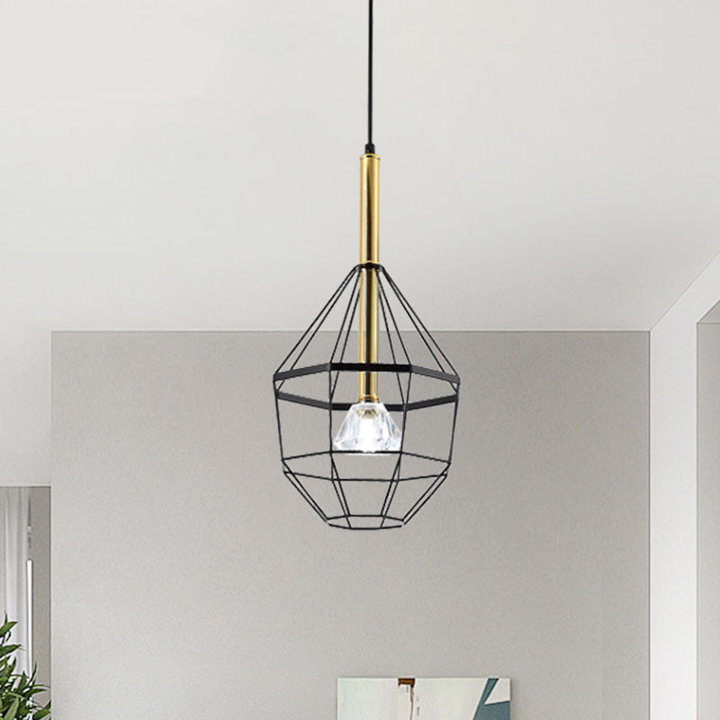 Industrial Style Pendant Lamp with Caged Metal and Clear Crystal Shade, Black Finish